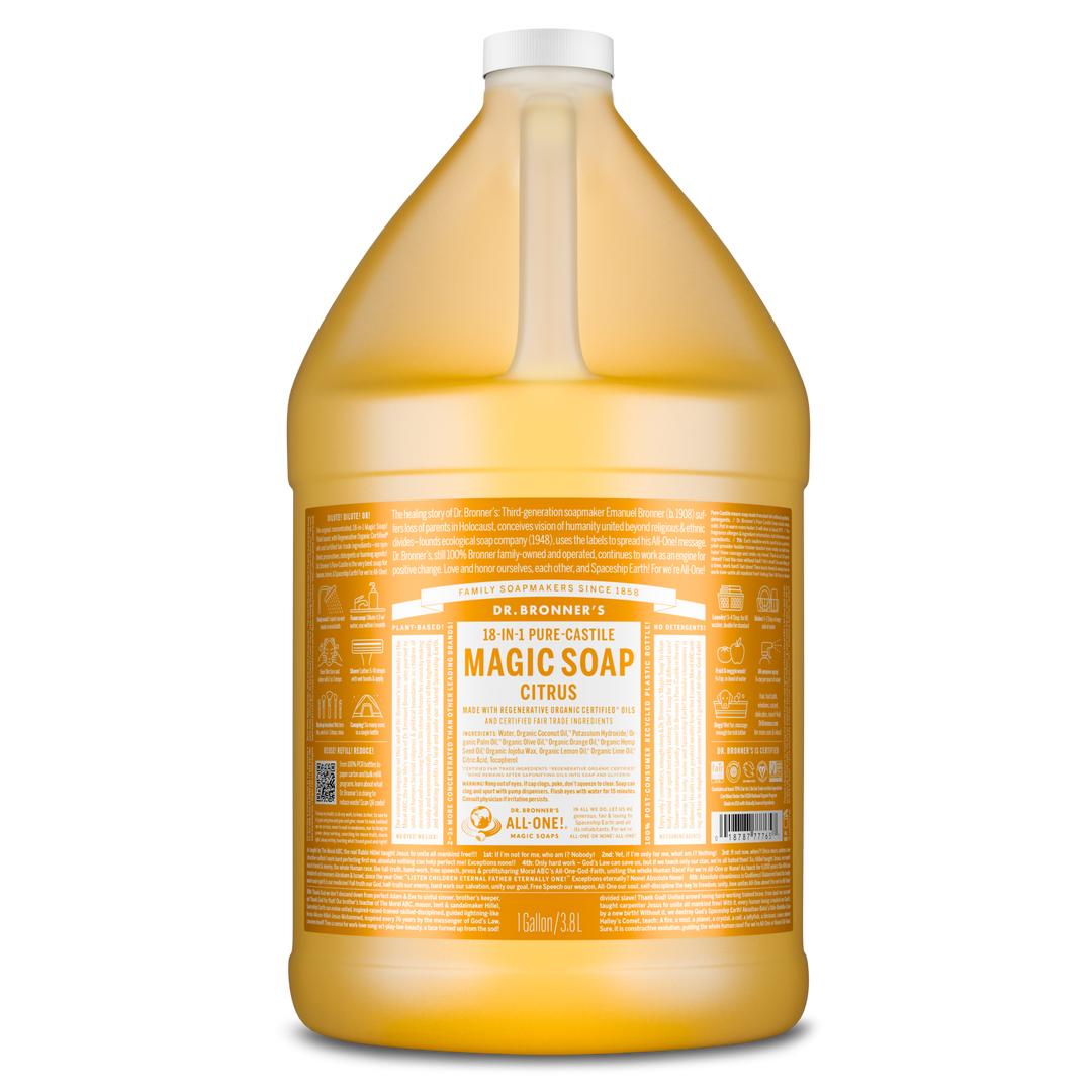 A large, transparent bottle labeled Dr. Bronners 18 in 1 Pure Castile Magic Soap in citrus fragrance. The container, holding 1 gallon , features detailed usage instructions and sustainability information [1 Gallon]