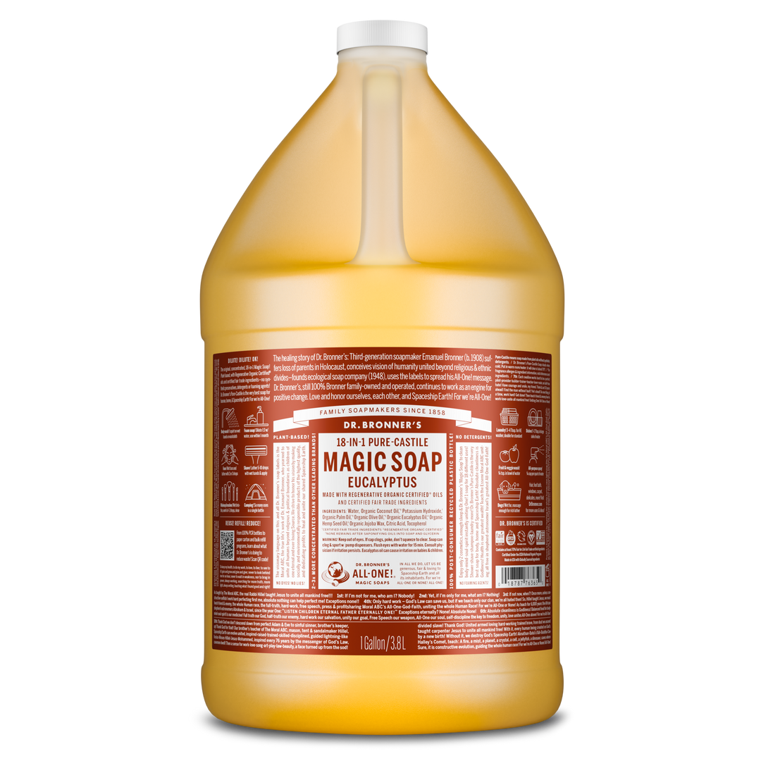 A large, one gallon bottle labeled Dr. Bronners 18 in 1 Pure Castile Magic Soap Eucalyptus sits upright. The label features detailed usage instructions and ingredient information in a red and white color scheme [1 Gallon]