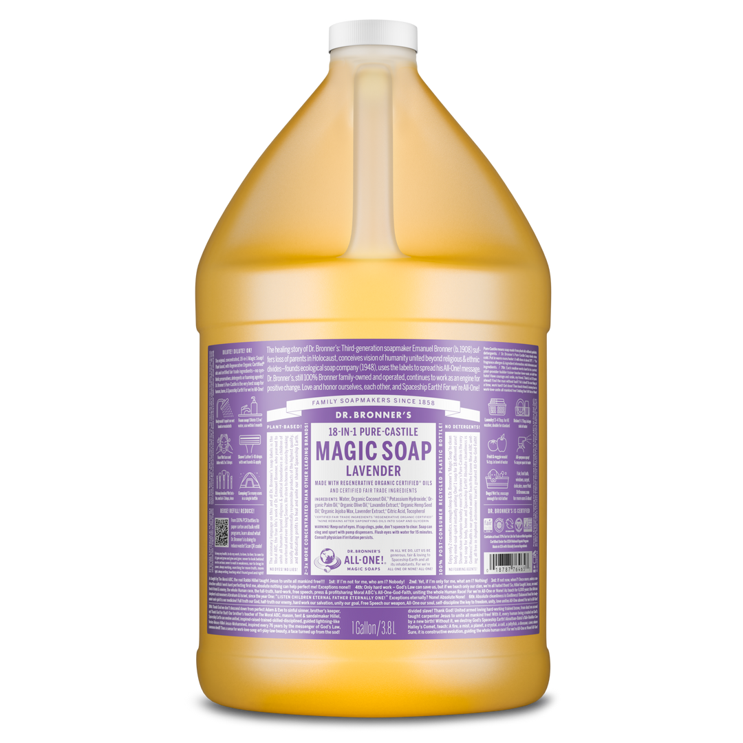A large 1 gallon bottle of Dr. Bronners Magic Soap, labeled 18 in 1 Pure Castile Lavender. Packaged in a lavender themed label, it promotes organic, eco friendly, and biodegradable cleaning solutions [1 Gallon]