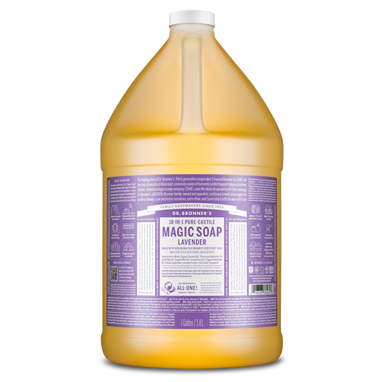 A large 1 gallon bottle of Dr. Bronners Magic Soap, labeled 18 in 1 Pure Castile Lavender. Packaged in a lavender themed label, it promotes organic, eco friendly, and biodegradable cleaning solutions [1 Gallon]