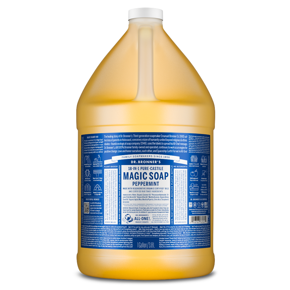 A gallon bottle of Dr. Bronners 18 in 1 Pure Castile Magic Soap with peppermint scent, featuring a detailed blue label. Text includes DR. BRONNERS 18 IN 1 PURE CASTILE MAGIC SOAP PEPPERMINT. The eco friendly liquid hemp soap is highlighted for its organic and sustainable ingredients  [1 Gallon]