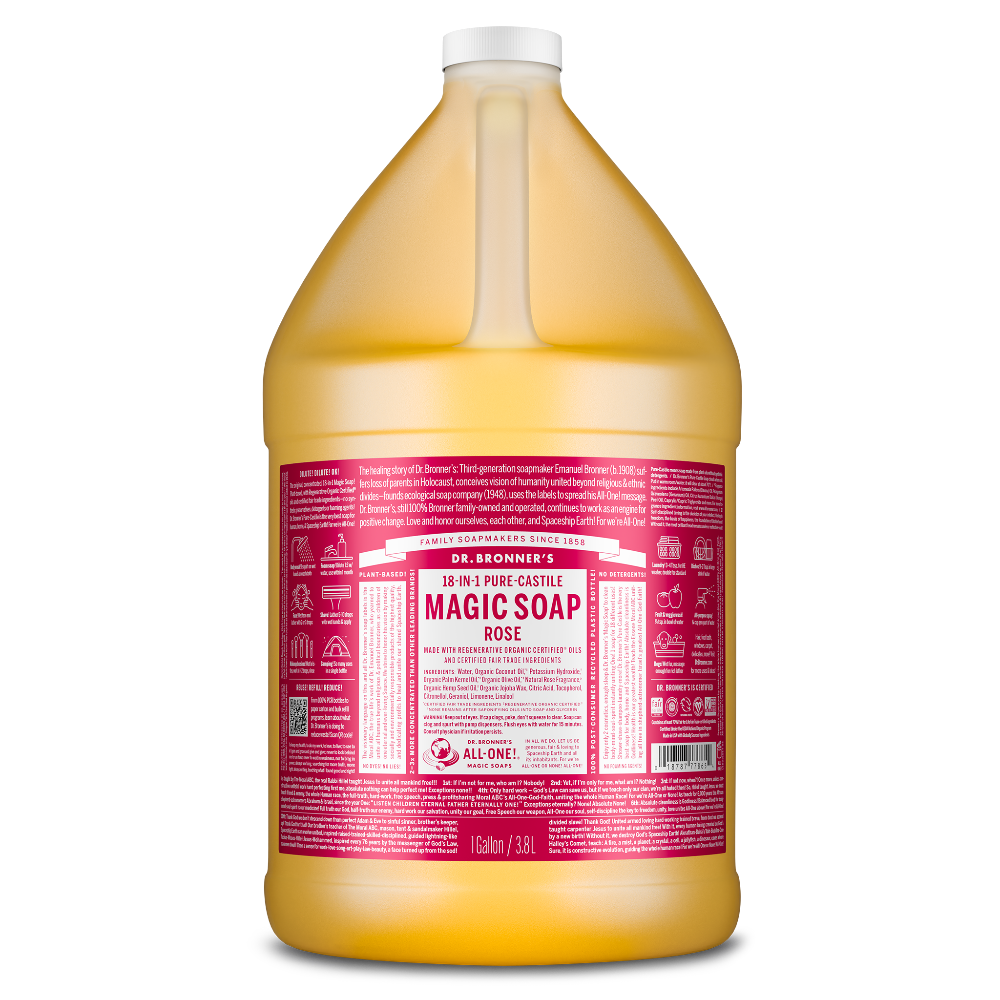 A one gallon bottle of Dr. Bronners 18 in 1 Pure Castile Magic Soap in rose scent features a prominent red label with detailed text about ingredients and uses. The eco friendly soap highlights its fair trade and organic certifications [1 Gallon]