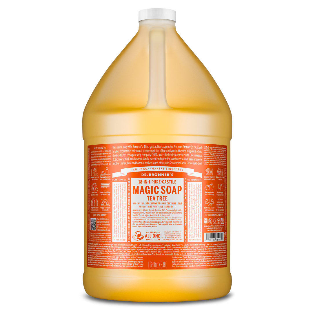 A gallon bottle labeled Dr. Bronners 18 in 1 Pure Castile Magic Soap Tea Tree stands upright with detailed orange and white text. It highlights natural, eco friendly, and vegan ingredients [1 Gallon]