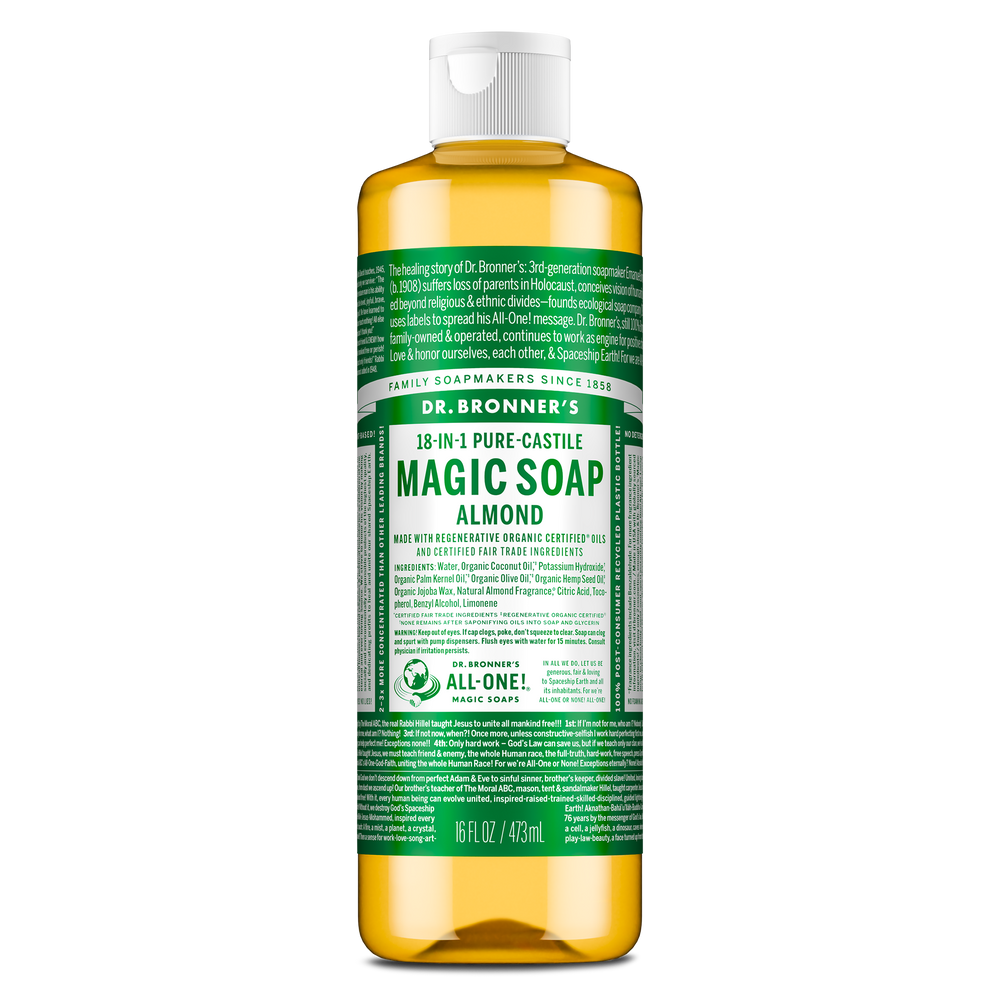 A bottle of Dr. Bronners 18 in 1 Hemp Eucalyptus Pure Castile Soap sits upright. The label details its organic and fair trade certifications, emphasizing its multipurpose, eco friendly use in personal care and cleaning [16 oz]