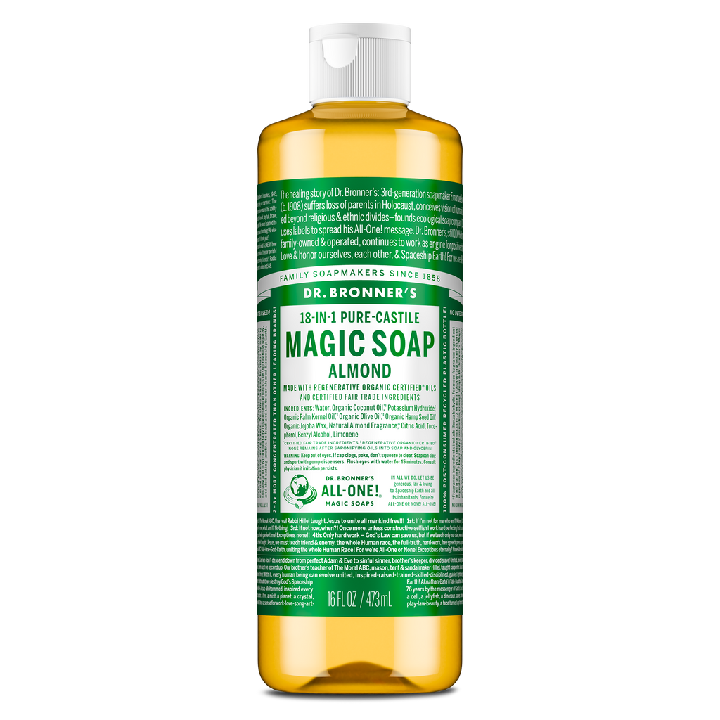 A bottle of Dr. Bronners 18 in 1 Hemp Eucalyptus Pure Castile Soap sits upright. The label details its organic and fair trade certifications, emphasizing its multipurpose, eco friendly use in personal care and cleaning [16 oz]