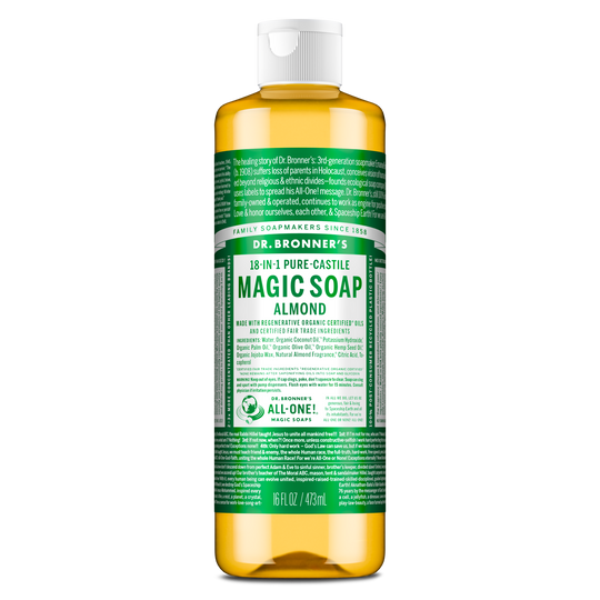 A bottle of Dr. Bronners 18 in 1 Hemp Eucalyptus Pure Castile Soap sits upright. The label details its organic and fair trade certifications, emphasizing its multipurpose, eco friendly use in personal care and cleaning [16 oz]