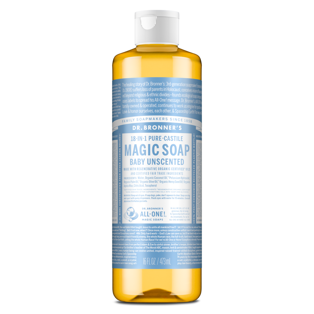 A bottle of Dr. Bronners Baby Unscented Pure Castile Soap features a blue label with extensive text detailing its natural, organic ingredients, and various sustainable uses. The cap is white [16 oz]