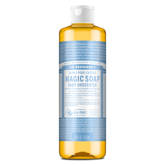 A bottle of Dr. Bronners Baby Unscented Pure Castile Soap features a blue label with extensive text detailing its natural, organic ingredients, and various sustainable uses. The cap is white [16 oz]