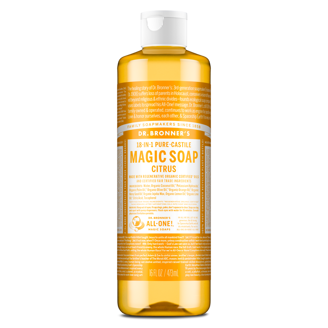 A bottle of Dr. Bronners Citrus Castile Soap stands upright, displaying extensive text detailing its multifaceted uses and organic ingredients. The label emphasizes the products eco friendly and fair trade certification, ideal for sustainable living. DR. BRONNERS MAGIC SOAP CASTILE CITRUS MADE WITH ORGANIC OILS 100 BIODEGRADEABLE Fair Trade Certified MADE IN U.S.A [16 oz]