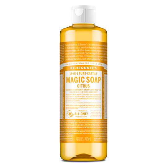 A bottle of Dr. Bronners Citrus Castile Soap stands upright, displaying extensive text detailing its multifaceted uses and organic ingredients. The label emphasizes the products eco friendly and fair trade certification, ideal for sustainable living. DR. BRONNERS MAGIC SOAP CASTILE CITRUS MADE WITH ORGANIC OILS 100 BIODEGRADEABLE Fair Trade Certified MADE IN U.S.A [16 oz]