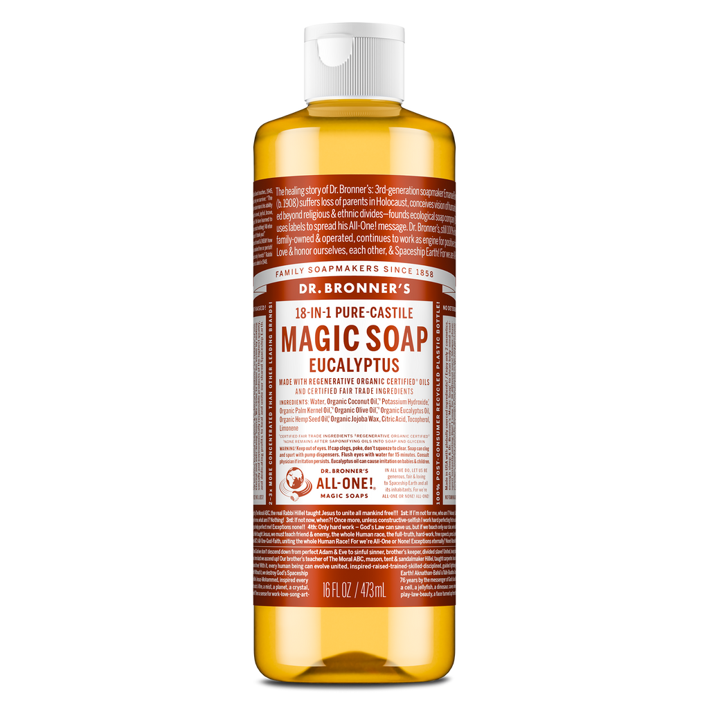 A bottle of Dr. Bronners almond castile soap stands upright with a white cap. The label includes Dr. Bronners 18 in 1 Hemp Almond Pure Castile Soap text. The background is plain white [16 oz]