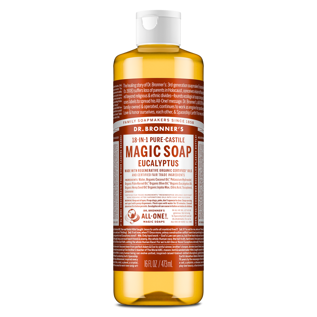 A bottle of Dr. Bronners almond castile soap stands upright with a white cap. The label includes Dr. Bronners 18 in 1 Hemp Almond Pure Castile Soap text. The background is plain white [16 oz]