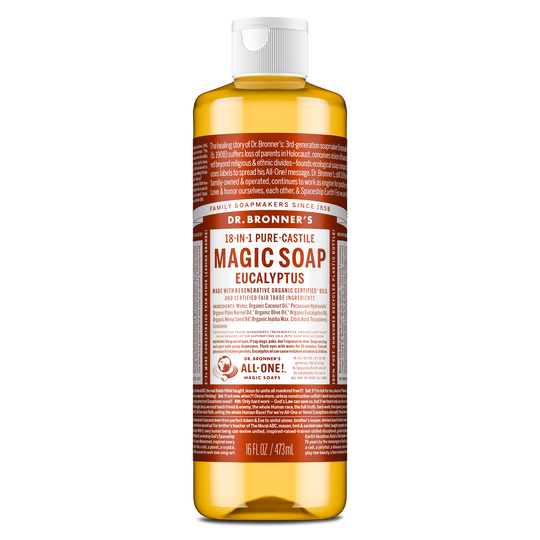 A bottle of Dr. Bronners almond castile soap stands upright with a white cap. The label includes Dr. Bronners 18 in 1 Hemp Almond Pure Castile Soap text. The background is plain white [16 oz]