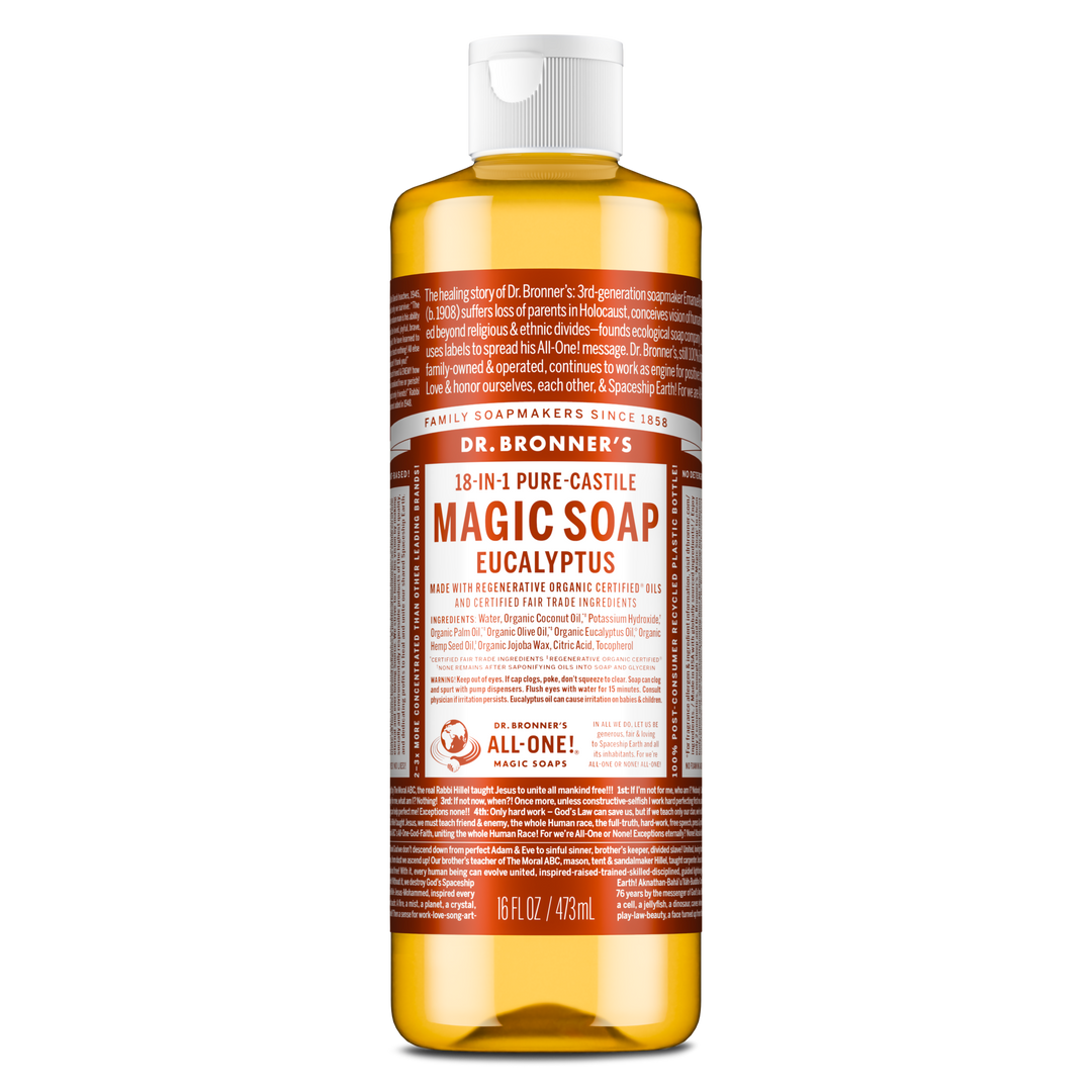 A bottle of Dr. Bronners almond castile soap stands upright with a white cap. The label includes Dr. Bronners 18 in 1 Hemp Almond Pure Castile Soap text. The background is plain white [16 oz]