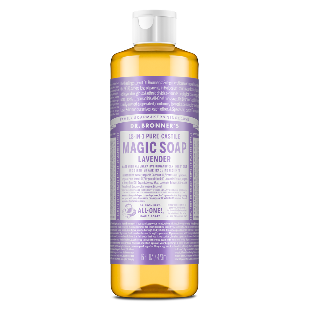 A bottle of Dr. Bronners Lavender Pure Castile Liquid Soap stands upright, featuring a purple label with extensive white text detailing its eco friendly, vegan, and organic attributes, surrounded by a white cap [16 oz]