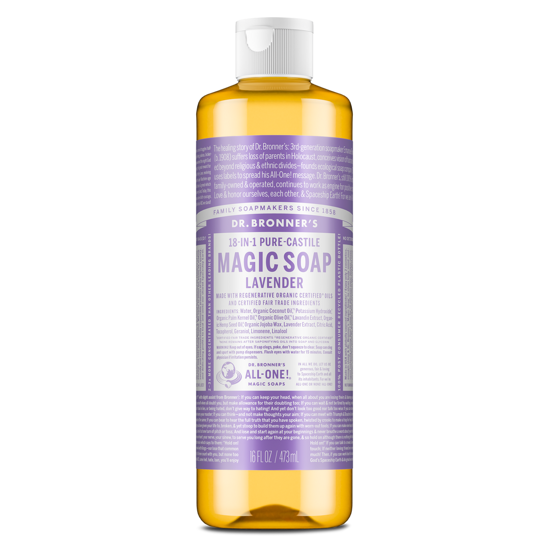 A bottle of Dr. Bronners Lavender Pure Castile Liquid Soap stands upright, featuring a purple label with extensive white text detailing its eco friendly, vegan, and organic attributes, surrounded by a white cap [16 oz]