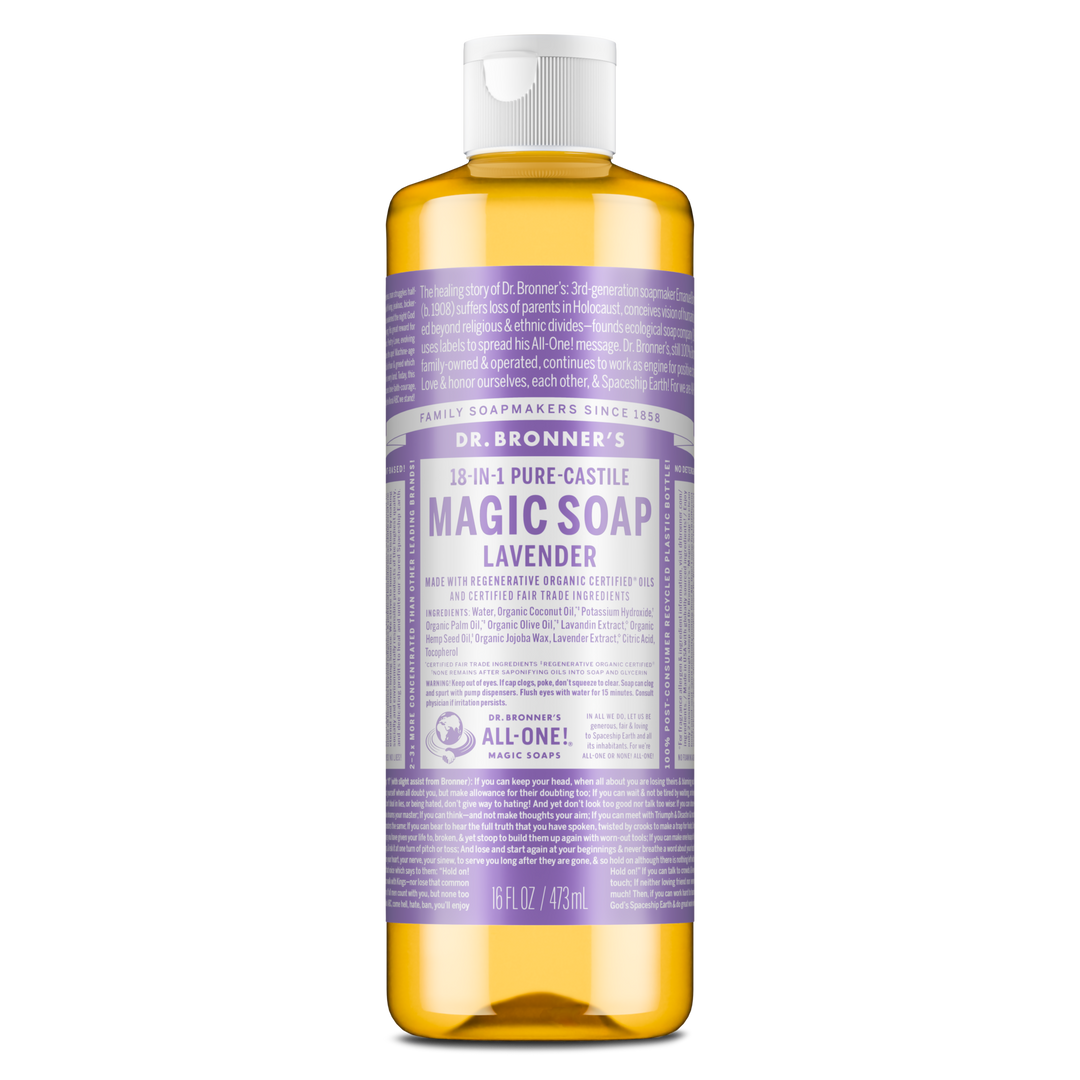 A bottle of Dr. Bronners Lavender Pure Castile Liquid Soap stands upright, featuring a purple label with extensive white text detailing its eco friendly, vegan, and organic attributes, surrounded by a white cap [16 oz]