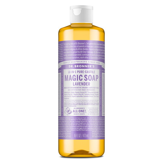 A bottle of Dr. Bronners Lavender Pure Castile Liquid Soap stands upright, featuring a purple label with extensive white text detailing its eco friendly, vegan, and organic attributes, surrounded by a white cap [16 oz]