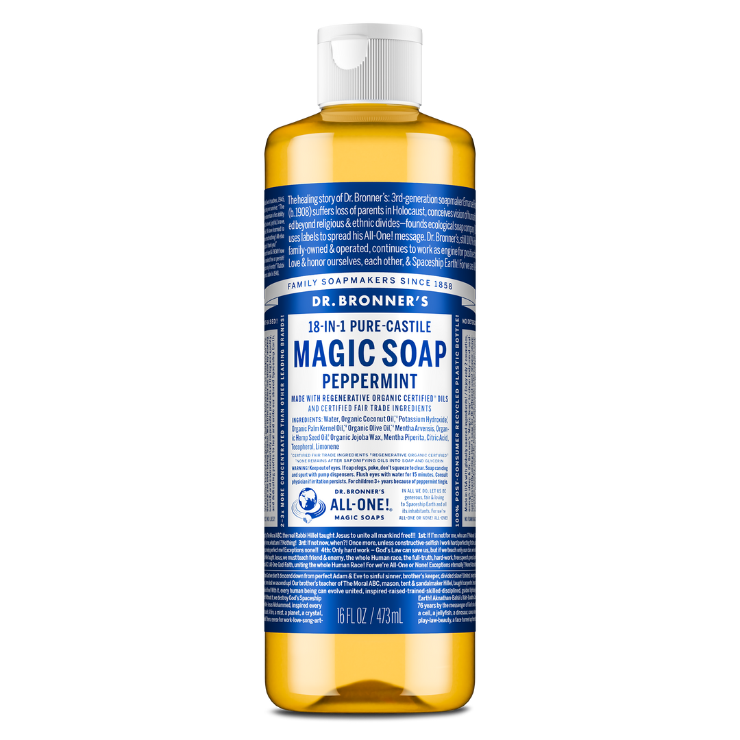 Bottle of Dr. Bronners 18 in 1 Pure Castile Magic Soap in peppermint. Bottle features detailed text highlighting organic, fair trade ingredients and sustainability. Size 16 fl oz [16 oz]