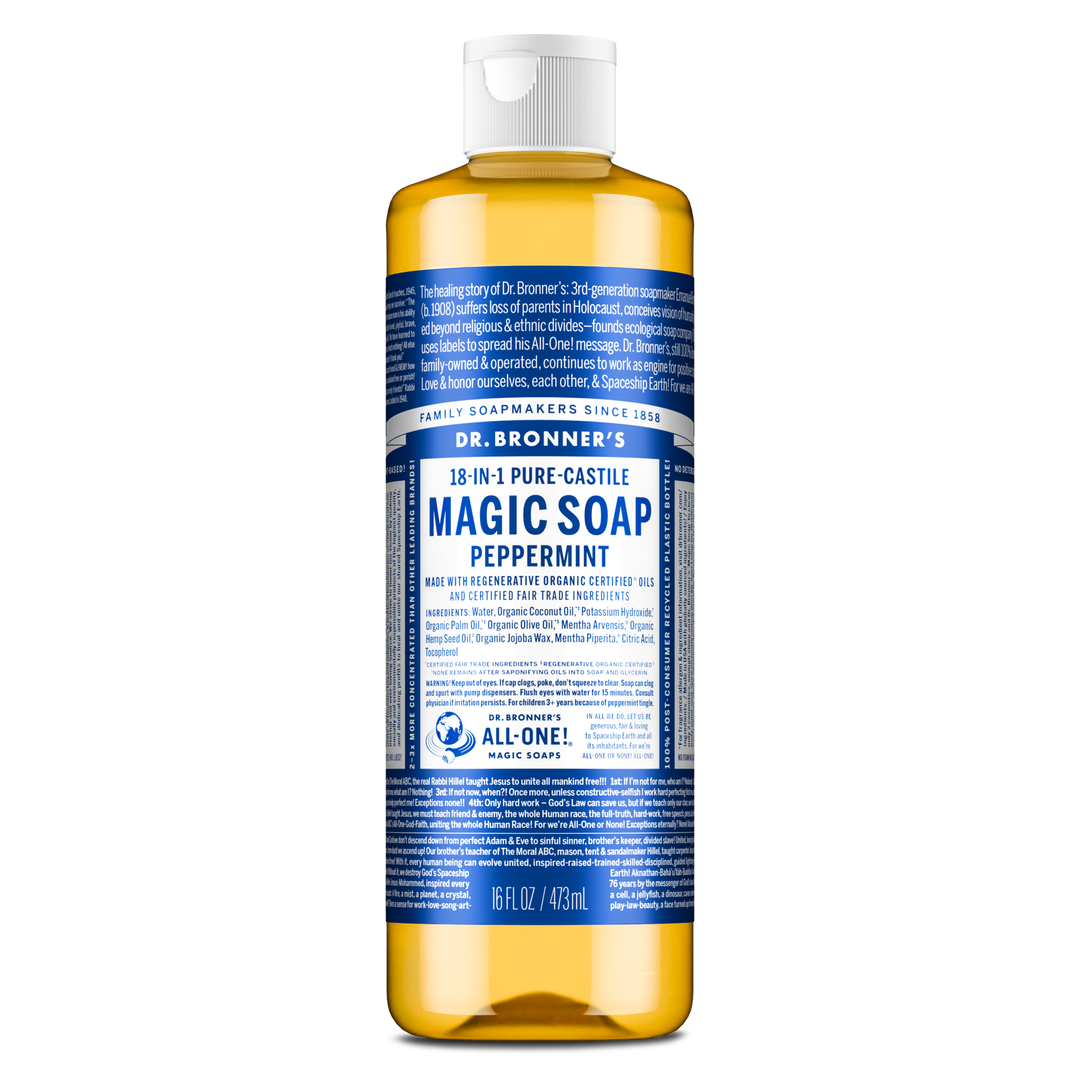 Bottle of Dr. Bronners 18 in 1 Pure Castile Magic Soap in peppermint. Bottle features detailed text highlighting organic, fair trade ingredients and sustainability. Size 16 fl oz [16 oz]