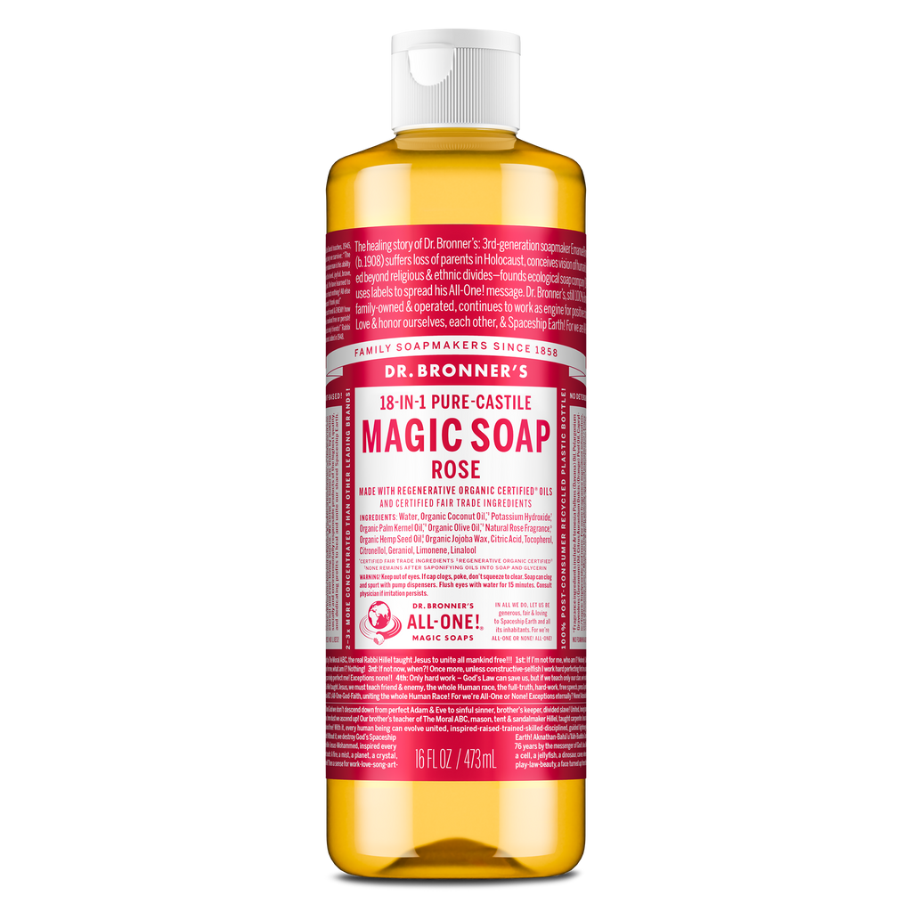 Dr. Bronners 18 in 1 Pure Castile Magic Soap Rose bottle features a red label with white text. It includes organic ingredients like coconut and olive oils, emphasizing its eco friendly and versatile uses. 473ml [16 oz]