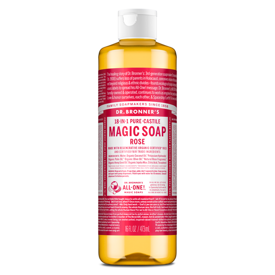 Dr. Bronners 18 in 1 Pure Castile Magic Soap Rose bottle features a red label with white text. It includes organic ingredients like coconut and olive oils, emphasizing its eco friendly and versatile uses. 473ml [16 oz]