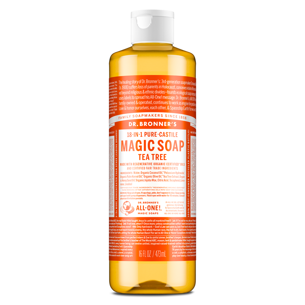 A bottle of Dr. Bronners 18 in 1 Pure Castile Magic Soap, Tea Tree variant, filled with amber liquid sits upright. The label emphasizes its organic certification and multi purpose use in personal care and cleaning [16 oz]