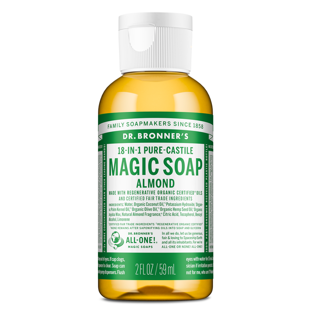 A 2 fl oz bottle of Dr. Bronners 18 in 1 Pure Castile Magic Soap, Almond, featuring regenerative organic and fair trade ingredients. Labeled for versatile uses, highlighting sustainability and ethical production [2 oz]