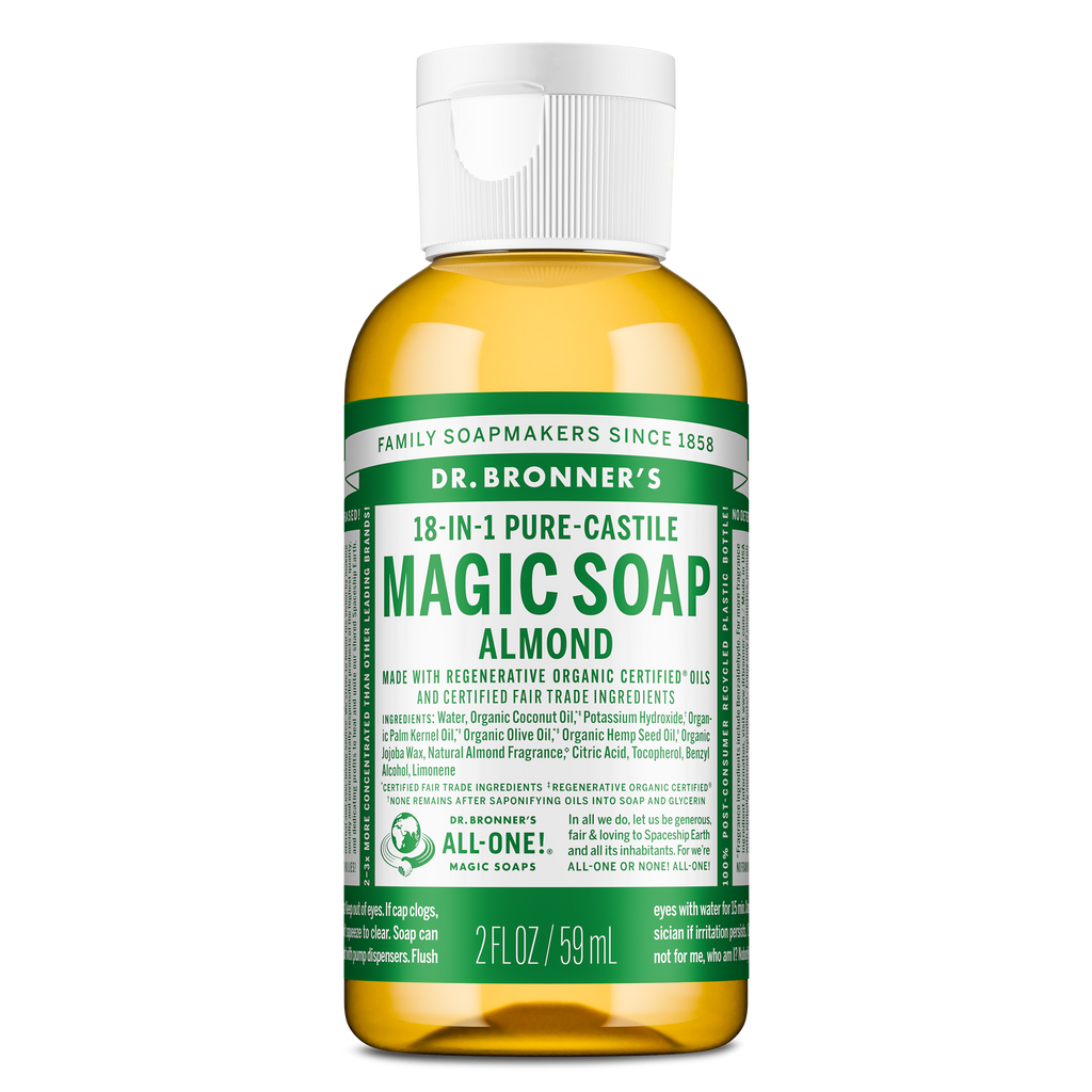A 2 fl oz bottle of Dr. Bronners 18 in 1 Pure Castile Magic Soap, Almond, featuring regenerative organic and fair trade ingredients. Labeled for versatile uses, highlighting sustainability and ethical production [2 oz]