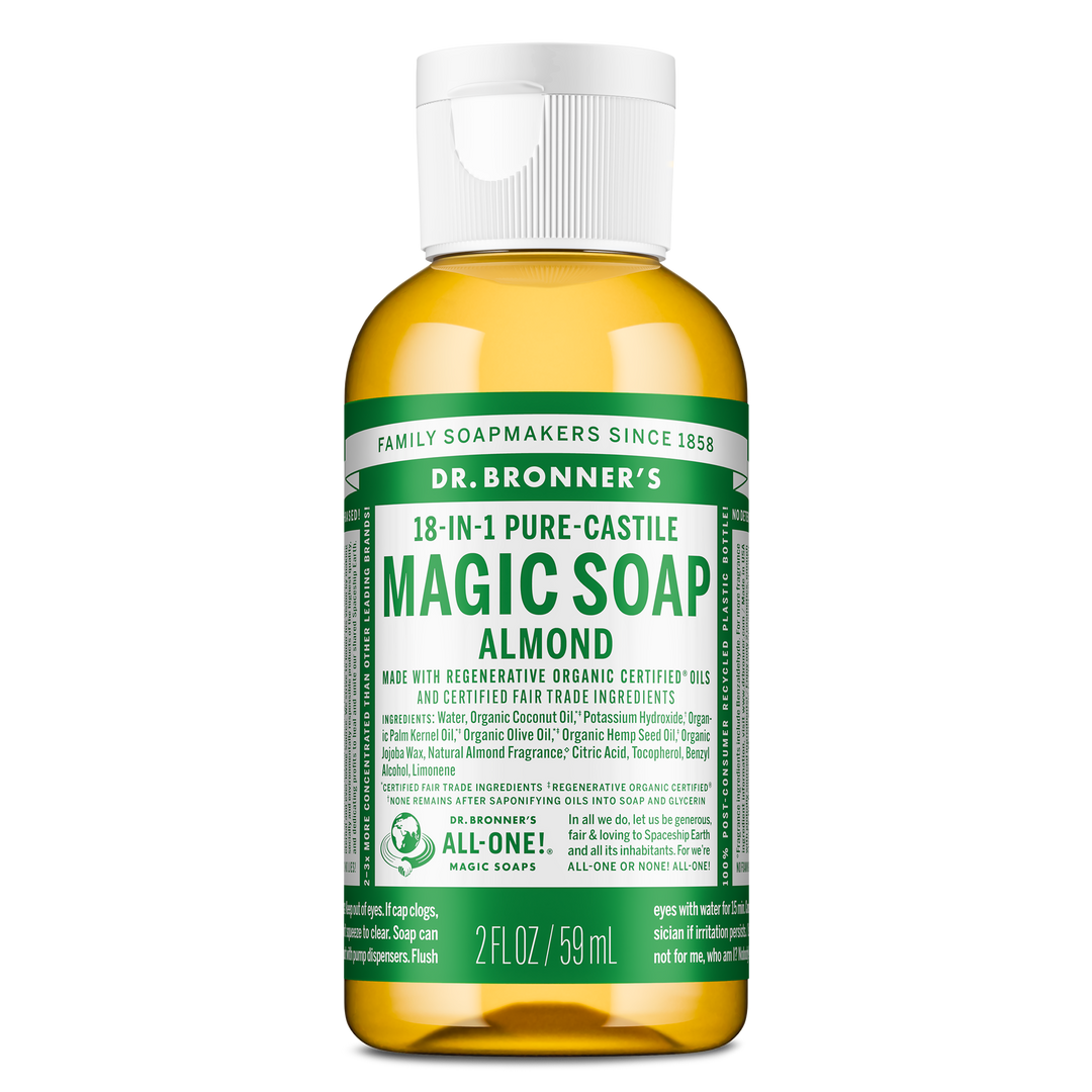 A 2 fl oz bottle of Dr. Bronners 18 in 1 Pure Castile Magic Soap, Almond, featuring regenerative organic and fair trade ingredients. Labeled for versatile uses, highlighting sustainability and ethical production [2 oz]