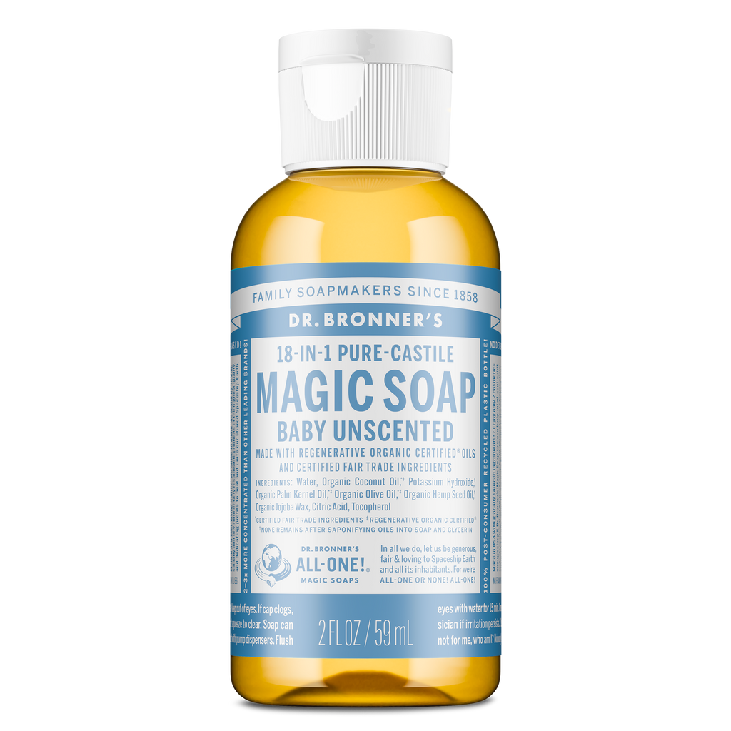 A bottle of Dr. Bronners Magic Soap, Baby Unscented, sits upright against a white background. The label highlights 18 in 1 Pure Castile Soap, emphasizing its natural, eco friendly, and vegan credentials [2 oz]