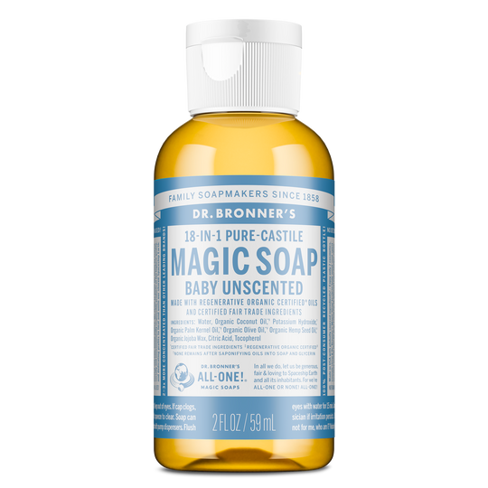 A bottle of Dr. Bronners Magic Soap, Baby Unscented, sits upright against a white background. The label highlights 18 in 1 Pure Castile Soap, emphasizing its natural, eco friendly, and vegan credentials [2 oz]