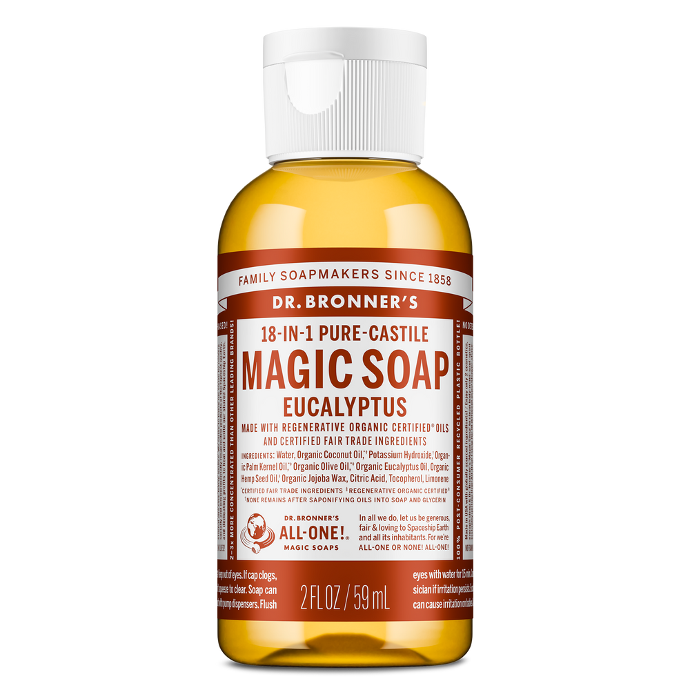 A bottle of Dr. Bronners 18 in 1 Pure Castile Liquid Soap, Eucalyptus scent. The label details multiple uses and the products eco friendly attributes, emphasizing versatility and sustainability in personal care. Text on label includes Dr. Bronners 18 in 1 Pure Castile Magic Soap Eucalyptus Rest of the text may detail usage instructions and ethical commitments [2 oz]