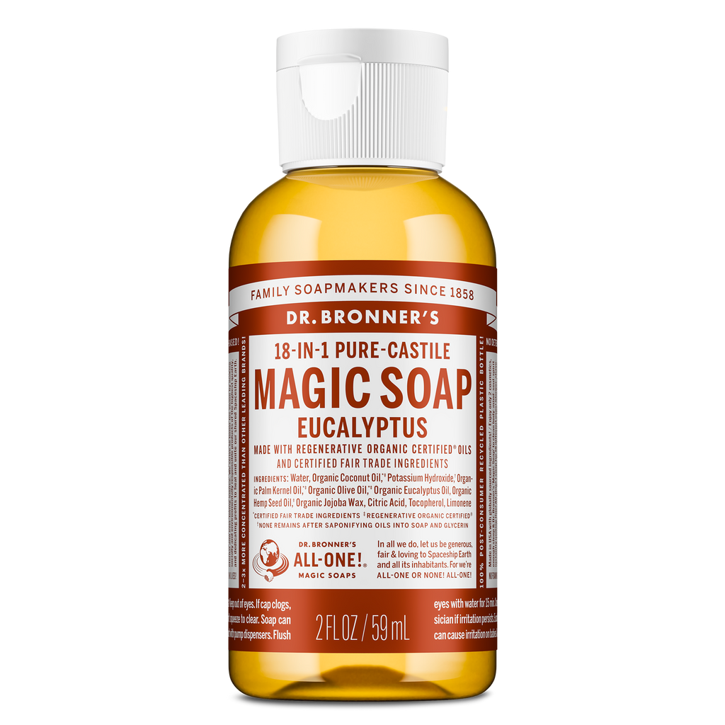 A bottle of Dr. Bronners 18 in 1 Pure Castile Liquid Soap, Eucalyptus scent. The label details multiple uses and the products eco friendly attributes, emphasizing versatility and sustainability in personal care. Text on label includes Dr. Bronners 18 in 1 Pure Castile Magic Soap Eucalyptus Rest of the text may detail usage instructions and ethical commitments [2 oz]