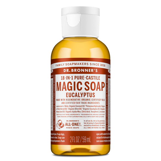 A bottle of Dr. Bronners 18 in 1 Pure Castile Liquid Soap, Eucalyptus scent. The label details multiple uses and the products eco friendly attributes, emphasizing versatility and sustainability in personal care. Text on label includes Dr. Bronners 18 in 1 Pure Castile Magic Soap Eucalyptus Rest of the text may detail usage instructions and ethical commitments [2 oz]