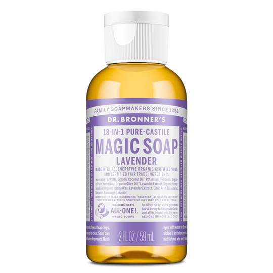 A 2 fl oz bottle of Dr. Bronners 18 in 1 Pure Castile Magic Soap Lavender, featuring a purple label with Made with regenerative organic certified oils and certified fair trade ingredients. Ideal for eco friendly and organic personal care [2 oz]