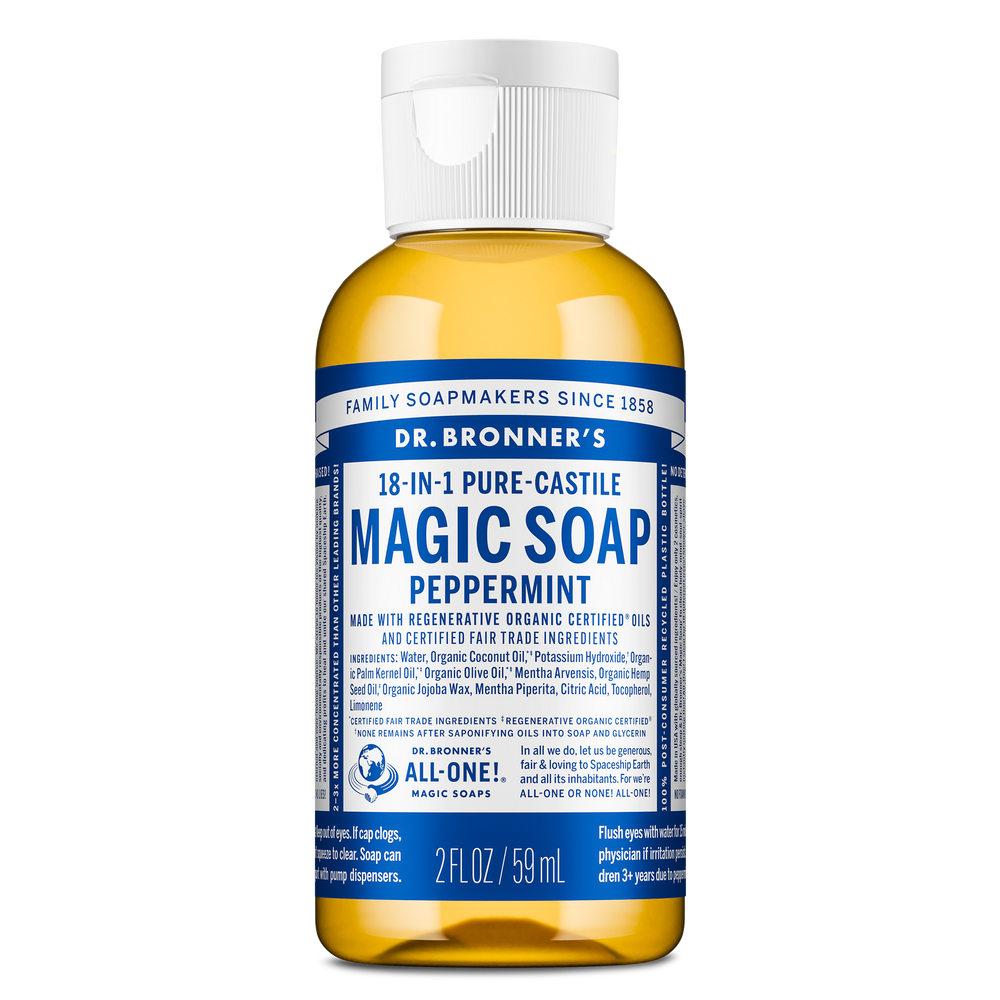 Dr. Bronners 2 fl oz bottle of 18 in 1 Pure Castile Magic Soap in peppermint scent stands upright. The label highlights organic certification and fair trade ingredients. Ideal as a natural, all purpose soap [2 oz]