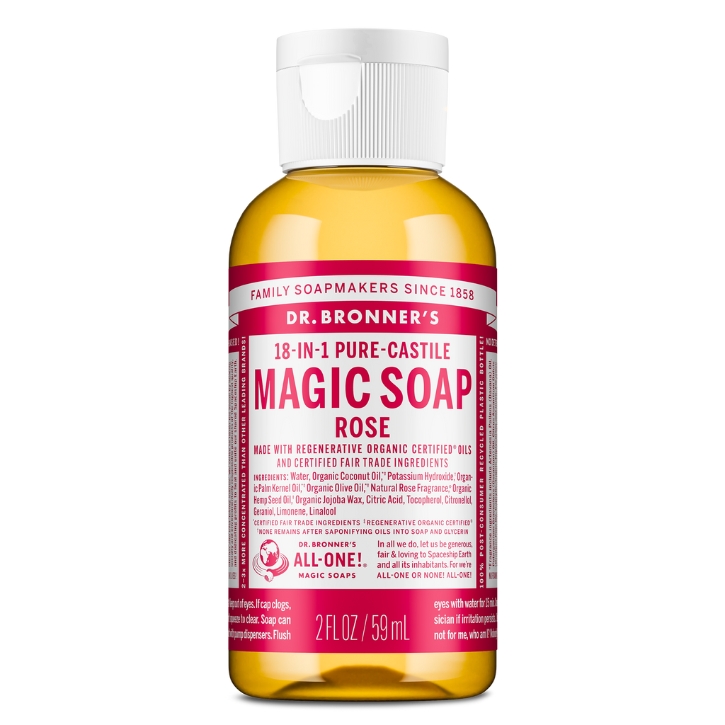 Bottle of Dr. Bronners 18 in 1 Pure Castile Magic Soap in rose scent, labeled with organic, fair trade ingredients, stands on a white background. Size 2 FL OZ 59 mL [2 oz]
