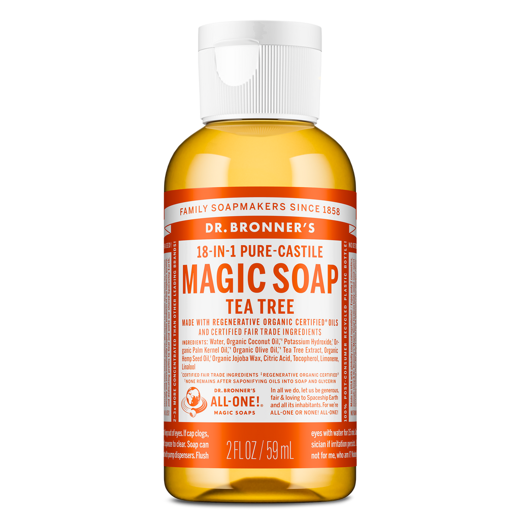 A 2 fl oz bottle of Dr. Bronners 18 in 1 Pure Castile Magic Soap, Tea Tree variant with organic and fair trade ingredients, features bold text and detailed usage instructions on the label [2 oz]