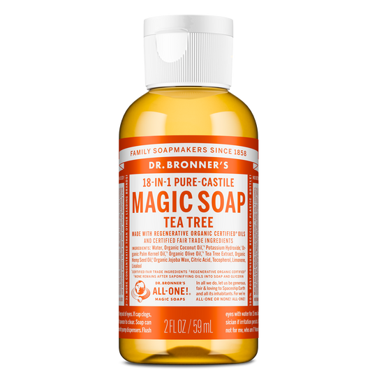 A 2 fl oz bottle of Dr. Bronners 18 in 1 Pure Castile Magic Soap, Tea Tree variant with organic and fair trade ingredients, features bold text and detailed usage instructions on the label [2 oz]