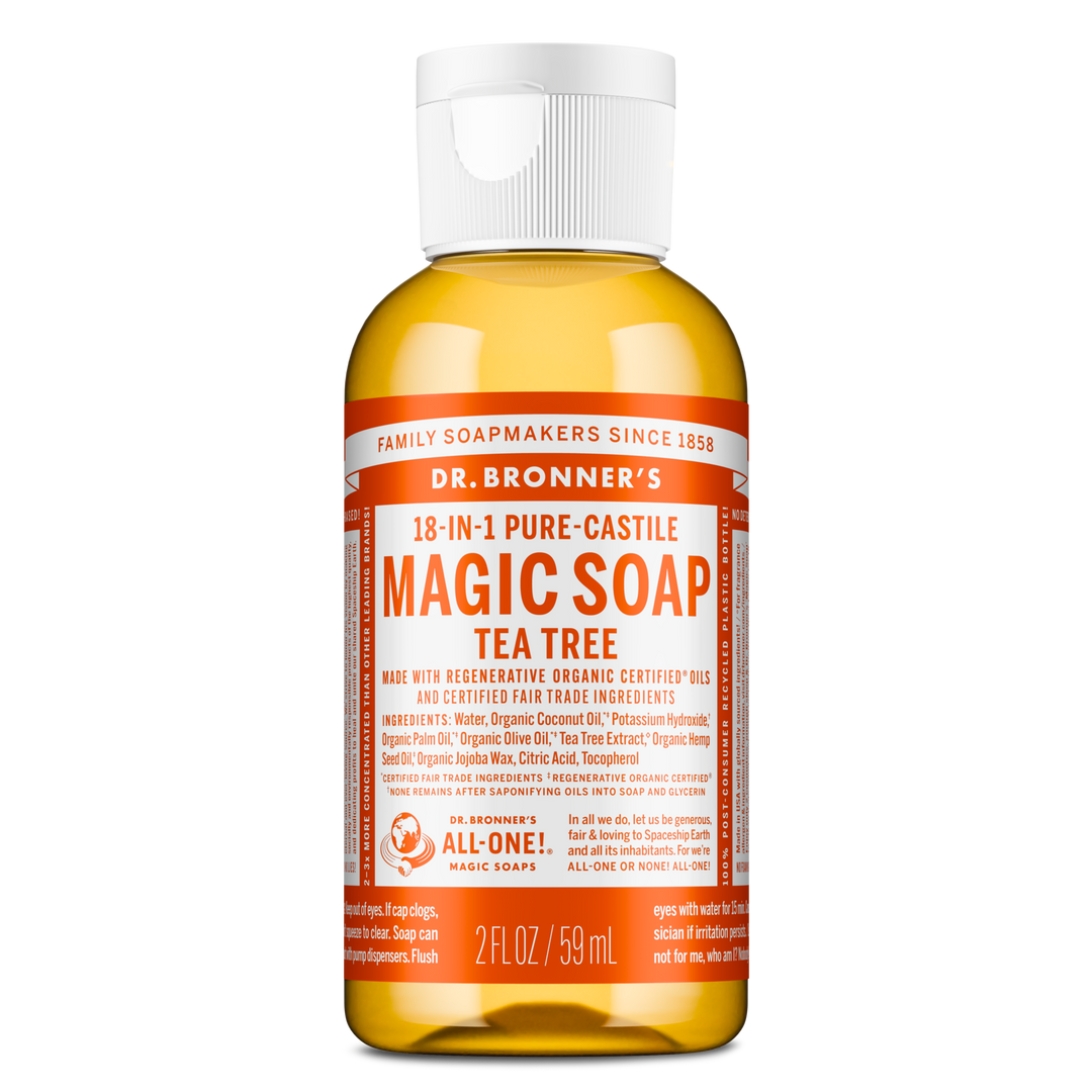 A 2 fl oz bottle of Dr. Bronners 18 in 1 Pure Castile Magic Soap, Tea Tree variant with organic and fair trade ingredients, features bold text and detailed usage instructions on the label [2 oz]
