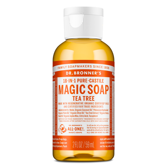 A 2 fl oz bottle of Dr. Bronners 18 in 1 Pure Castile Magic Soap, Tea Tree variant with organic and fair trade ingredients, features bold text and detailed usage instructions on the label [2 oz]