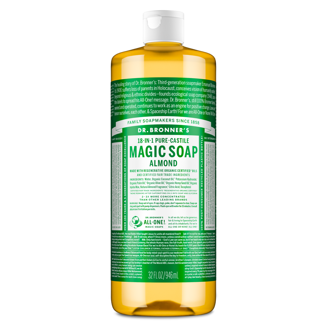 Dr. Bronner’s Almond 18-in-1 Pure Castile Magic Soap bottle featuring organic and fair trade ingredients in a biodegradable, recycled plastic container.[32 oz]