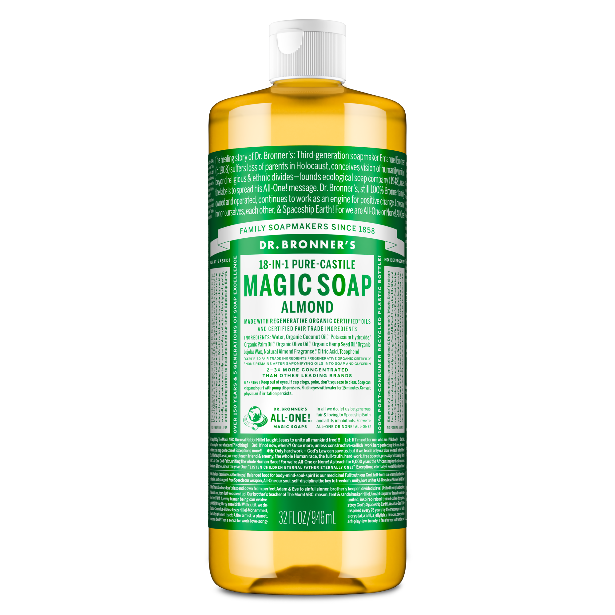 Dr. Bronner’s Almond 18-in-1 Pure Castile Magic Soap bottle featuring organic and fair trade ingredients in a biodegradable, recycled plastic container.[32 oz]