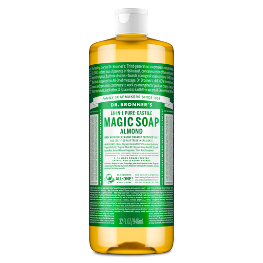 Dr. Bronner’s Almond 18-in-1 Pure Castile Magic Soap bottle featuring organic and fair trade ingredients in a biodegradable, recycled plastic container.[32 oz]