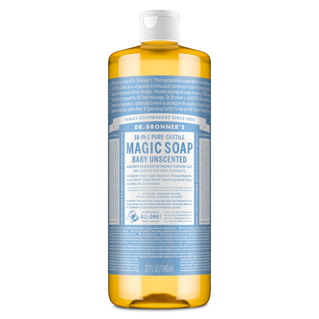 A bottle of Dr. Bronners 18 in 1 Pure Castile Magic Soap, Baby Unscented, containing 32 fl oz , stands upright against a white background, featuring cascading text and detailed product information [32 oz]