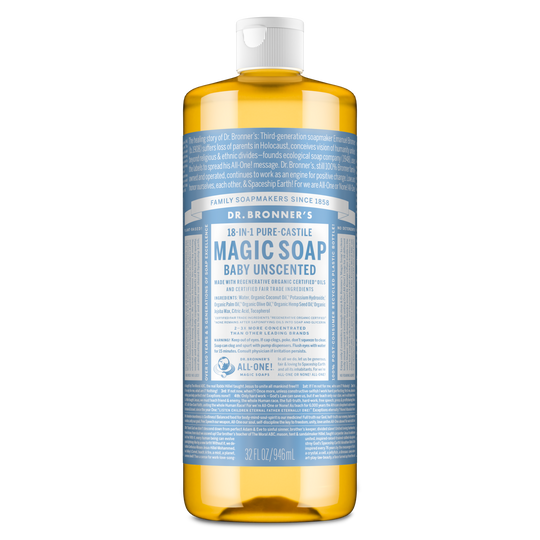 A bottle of Dr. Bronners 18 in 1 Pure Castile Magic Soap, Baby Unscented, containing 32 fl oz , stands upright against a white background, featuring cascading text and detailed product information [32 oz]