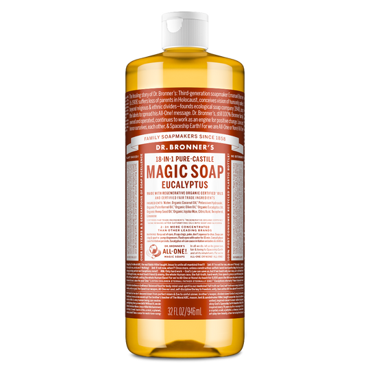 Dr. Bronners 18 in 1 Pure Castile Magic Soap in a 32 fl oz bottle features eucalyptus, offering versatile cleaning and refreshing scents. Text highlights its organic certification, eco friendliness, and multi purpose use [32 oz]