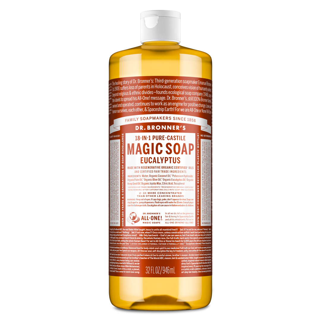 Dr. Bronners 18 in 1 Pure Castile Magic Soap in a 32 fl oz bottle features eucalyptus, offering versatile cleaning and refreshing scents. Text highlights its organic certification, eco friendliness, and multi purpose use [32 oz]
