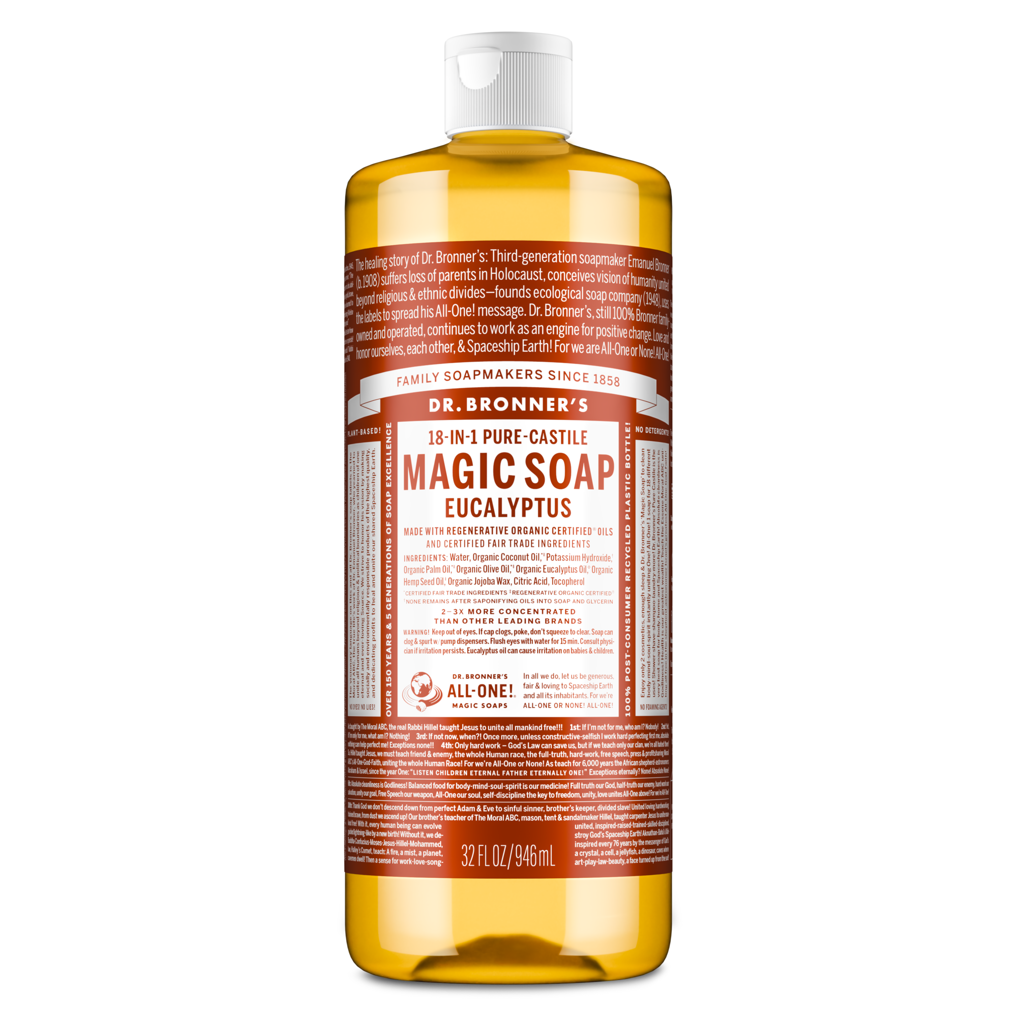 Dr. Bronners 18 in 1 Pure Castile Magic Soap in a 32 fl oz bottle features eucalyptus, offering versatile cleaning and refreshing scents. Text highlights its organic certification, eco friendliness, and multi purpose use [32 oz]